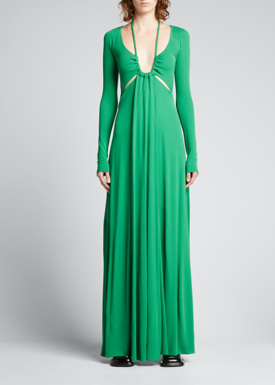 Proenza Schouler Halter Neck Long Sleeve Matte Jersey Maxi Dress In Green