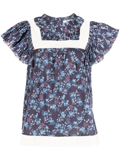 Sea Till Floral-print Flutter-sleeve Cotton Blouse In Blue Multi
