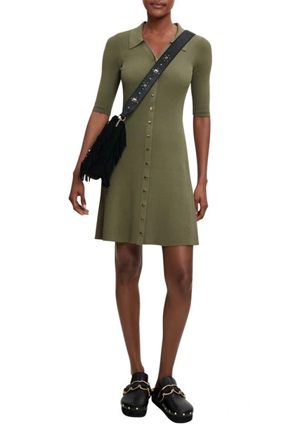 Maje Rimose Ribbed Button Front Dress In Khaki Green