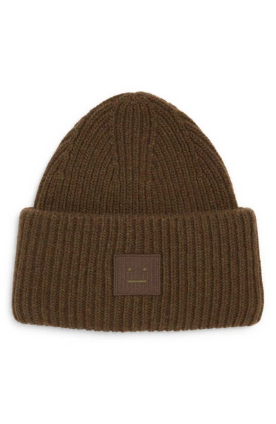 Acne Studios Pansy Face Patch Rib Wool Beanie In Dark Khaki Melange