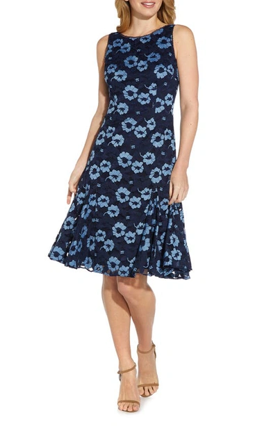 Adrianna Papell Floral Lace Fit & Flare Dress In Navy/ Dusty Blue