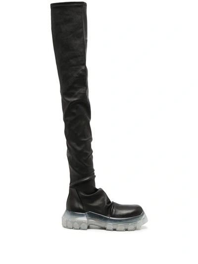 Rick Owens Bozo Thigh-high Stocking Tractor Boots In Black Clear