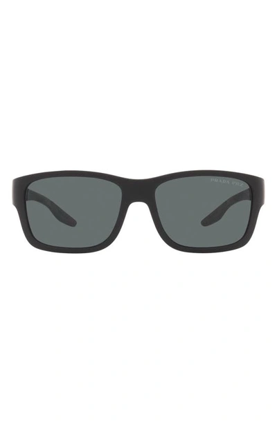 Prada 59mm Polarized Rectangular Sunglasses In Black Rubber/grey