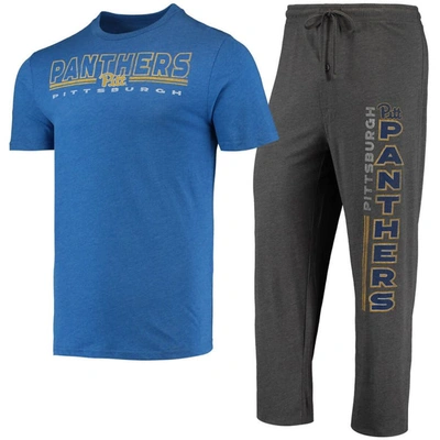 Concepts Sport Men's  Heathered Charcoal, Royal Distressed Pitt Panthers Meter T-shirt And Pants Slee In Heathered Charcoal,royal