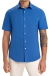 Bugatchi Tech Miles Short Sleeve Stretch Cotton Button-up Shirt In Classic Blue