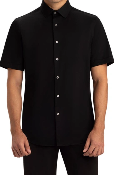 Bugatchi Tech Miles Short Sleeve Stretch Cotton Button-up Shirt In Black