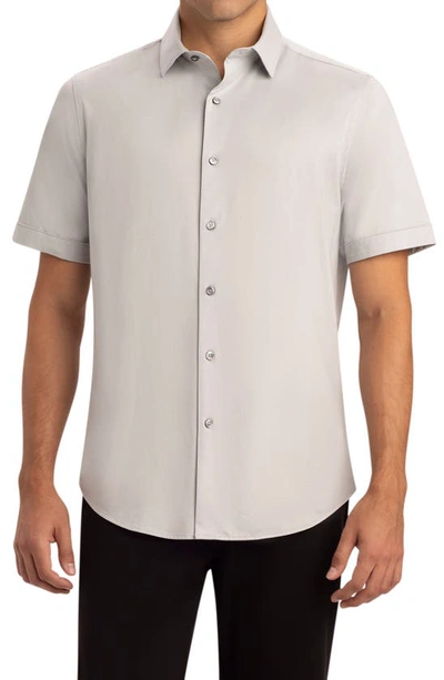 Bugatchi Tech Miles Short Sleeve Stretch Cotton Button-up Shirt In Platinum