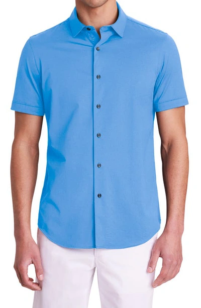 Bugatchi Tech Miles Short Sleeve Stretch Cotton Button-up Shirt In Ocean