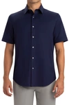 Bugatchi Tech Miles Short Sleeve Stretch Cotton Button-up Shirt In Navy