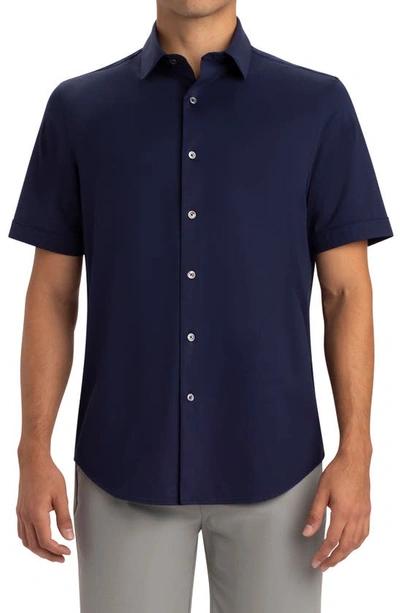 Bugatchi Tech Miles Short Sleeve Stretch Cotton Button-up Shirt In Navy