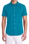 Bugatchi Tech Miles Short Sleeve Stretch Cotton Button-up Shirt In Teal