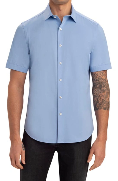Bugatchi Tech Miles Short Sleeve Stretch Cotton Button-up Shirt In Sky