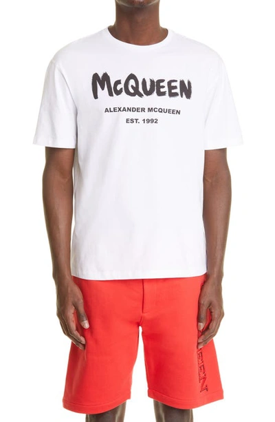 Alexander Mcqueen Unisex Graffiti Glitter Logo Cotton Graphic Tee In White