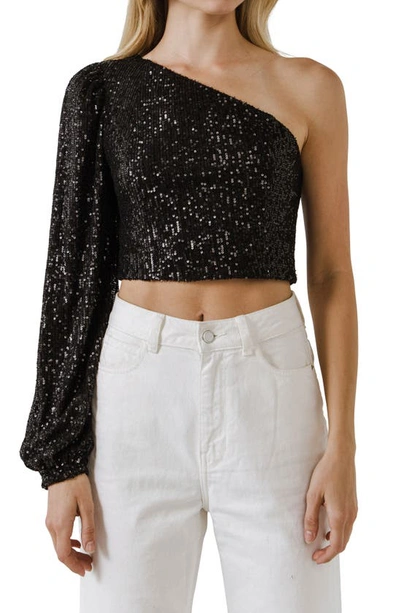 Endless Rose Sequined One-shoulder Crop Top In Black