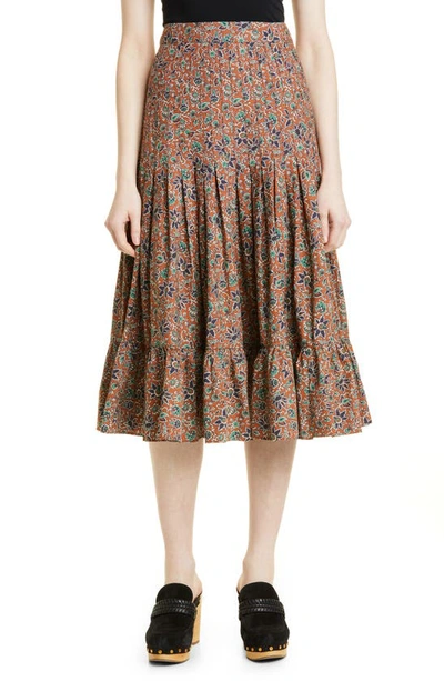 Veronica Beard Pleated Printed Cotton Midi Skirt In Cinnamon Multi