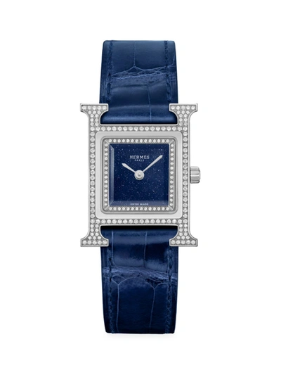Hermes Heure H 25mm Stainless Steel & Diamond Watch In Blue