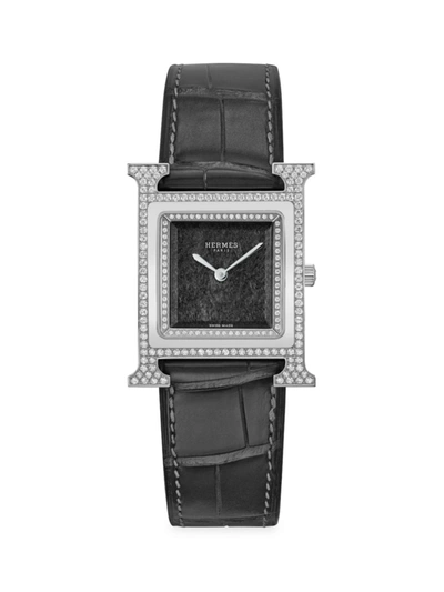 Hermes Heure H 30mm Stainless Steel, Obsidian & Diamond Watch In Black