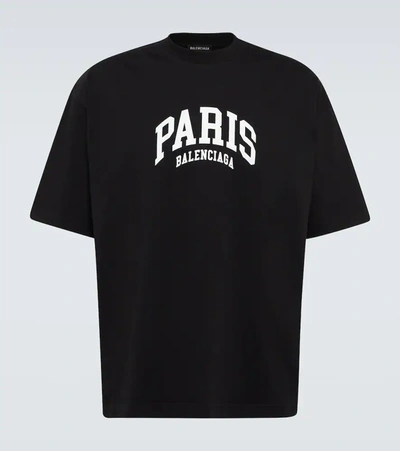 Balenciaga Paris Slogan-print Cotton-jersey T-shirt In Black/white