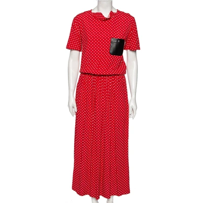 Pre-owned Love Moschino Red Polka Dotted Crepe & Leather Pocket Detailed Maxi Dress S