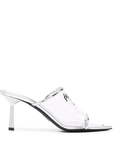 Prada Silver Leather And Pvc Sandals With Logo Triangle In Metal