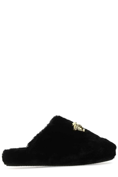 Versace Medusa Plaque Fur Slippers In Black