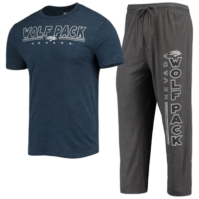 Concepts Sport Men's  Heathered Charcoal And Navy Nevada Wolf Pack Meter T-shirt And Pants Sleep Set In Heathered Charcoal,navy
