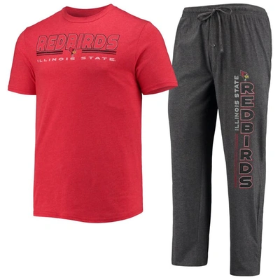 Concepts Sport Men's  Heathered Charcoal, Red Illinois State Redbirds Meter T-shirt And Pants Sleep S In Heathered Charcoal,red
