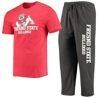 Concepts Sport Men's  Heathered Charcoal, Red Fresno State Bulldogs Meter T-shirt And Pants Sleep Set In Heathered Charcoal,red