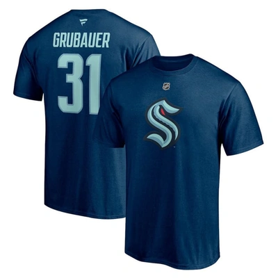 Fanatics Branded Philipp Grubauer Deep Sea Blue Seattle Kraken Authentic Stack Name & Number T-shirt