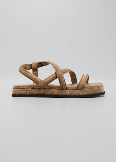 Brunello Cucinelli Monili Strappy Suede Slingback Sandals In Light Beige