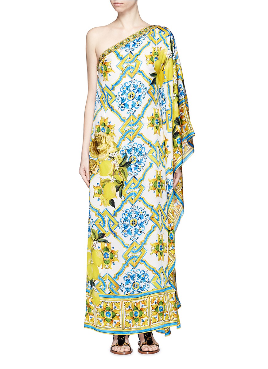 Dolce & Gabbana Maiolica Flower Print One-shoulder Kaftan Dress | ModeSens