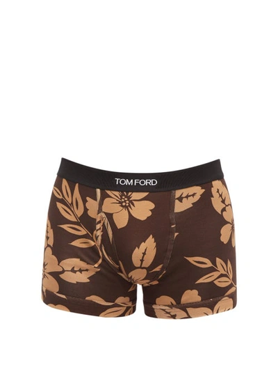 Tom Ford Men's Floral-print Cotton-stretch Jersey Logo Boxer Brief In Brown