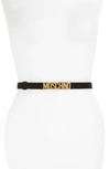 Moschino Logo Plate Skinny Velvet Belt In Black With Gold