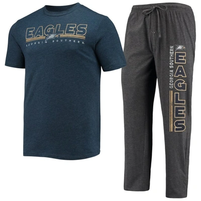 Concepts Sport Men's  Heathered Charcoal, Navy Georgia Southern Eagles Meter T-shirt And Pants Sleep In Heathered Charcoal,navy