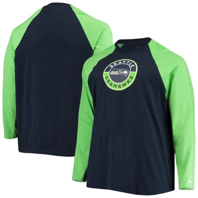 New Era College Navy/neon Green Seattle Seahawks Big & Tall League Raglan Long Sleeve T-shirt
