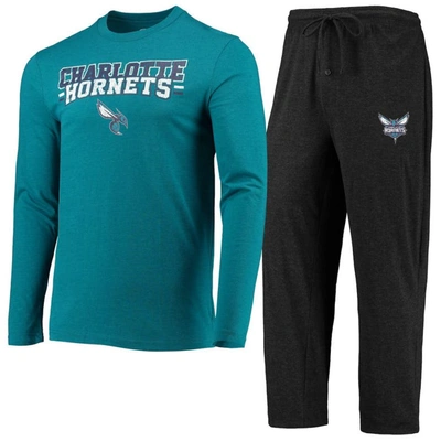 Concepts Sport Men's  Black, Teal Charlotte Hornets Long Sleeve T-shirt & Pants Sleep Set In Black,teal