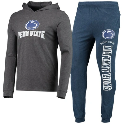 Concepts Sport Navy/heather Charcoal Penn State Nittany Lions Meter Long Sleeve Hoodie T-shirt & Jog In Navy,heathered Charcoal