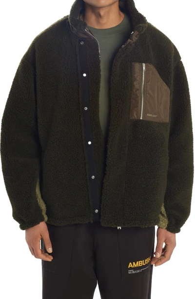 Ambush Colorblock Wool Blend Fleece Jacket In Military Green Khaki