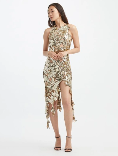 Oscar De La Renta Floral Vine Sequin Tulle Dress In Gold | ModeSens