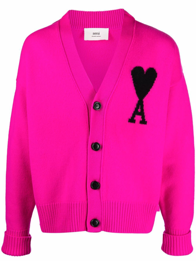 Ami Alexandre Mattiussi Ami Ami De Coeur Heart Intarsia Cardigan In Pink