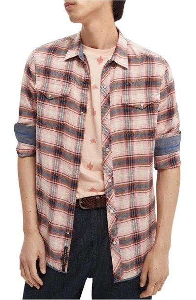 Scotch & Soda Iconic Check Snap Front Western Shirt In Pink