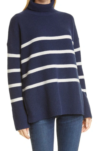 Nordstrom Signature Stripe Cashmere Turtleneck Sweater In Navy- Ivory Stripe