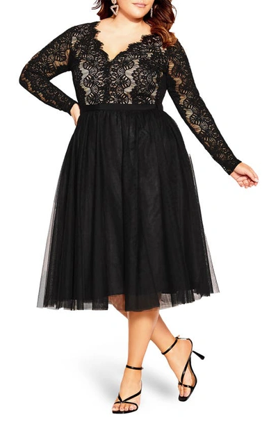 City Chic Rare Beauty Lace Bodice Long Sleeve Dress In Black