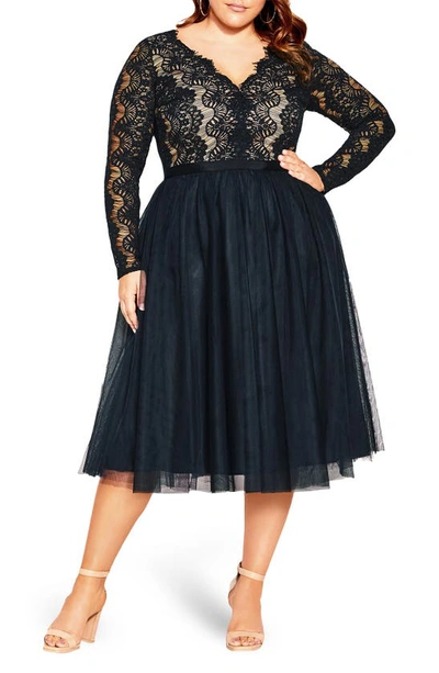 City Chic Rare Beauty Lace Bodice Long Sleeve Dress In Navy