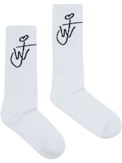 Jw Anderson Intarsia-logo Socks In White/ Black