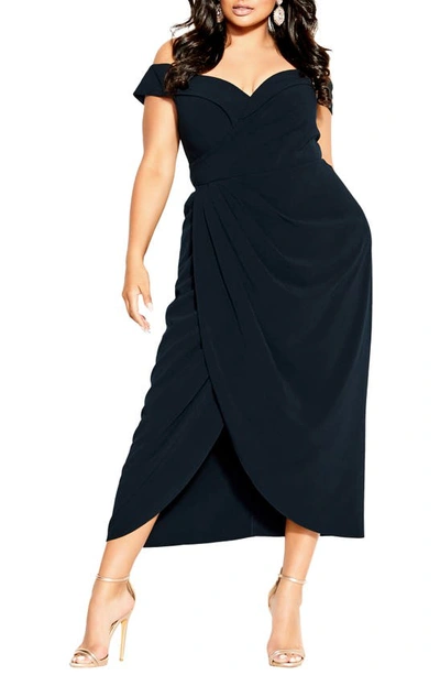 City Chic Ripple Love Off The Shoulder Maxi Dress In Navy