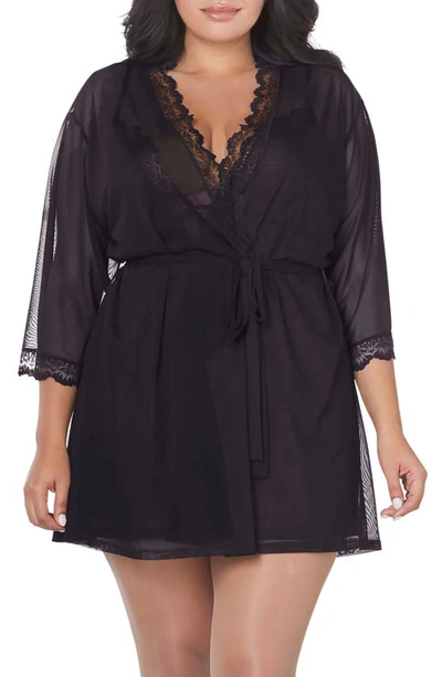 Dreamgirl Mesh Chemise, Dressing Gown & G-string Set In Black