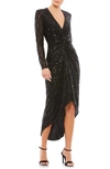 Mac Duggal Metallic Sequin Long Sleeve Faux Wrap Dress In Black