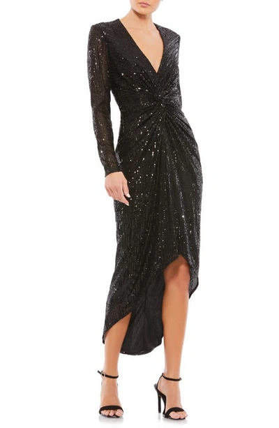 Mac Duggal Metallic Sequin Long Sleeve Faux Wrap Dress In Black