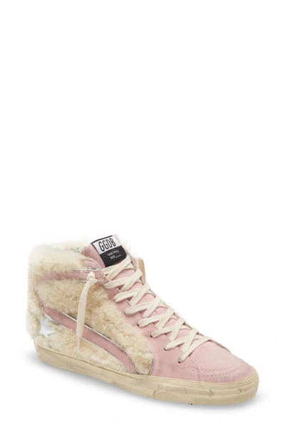 Golden Goose Slide High Top Trainer With Genuine Shearling Trim In Beige/ Baby Pink/ Silver